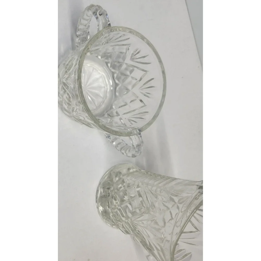 Vintage Clear Pressed Glass Creamer and‎ Lidded Sugar Bowl Set Sunburst Diamond